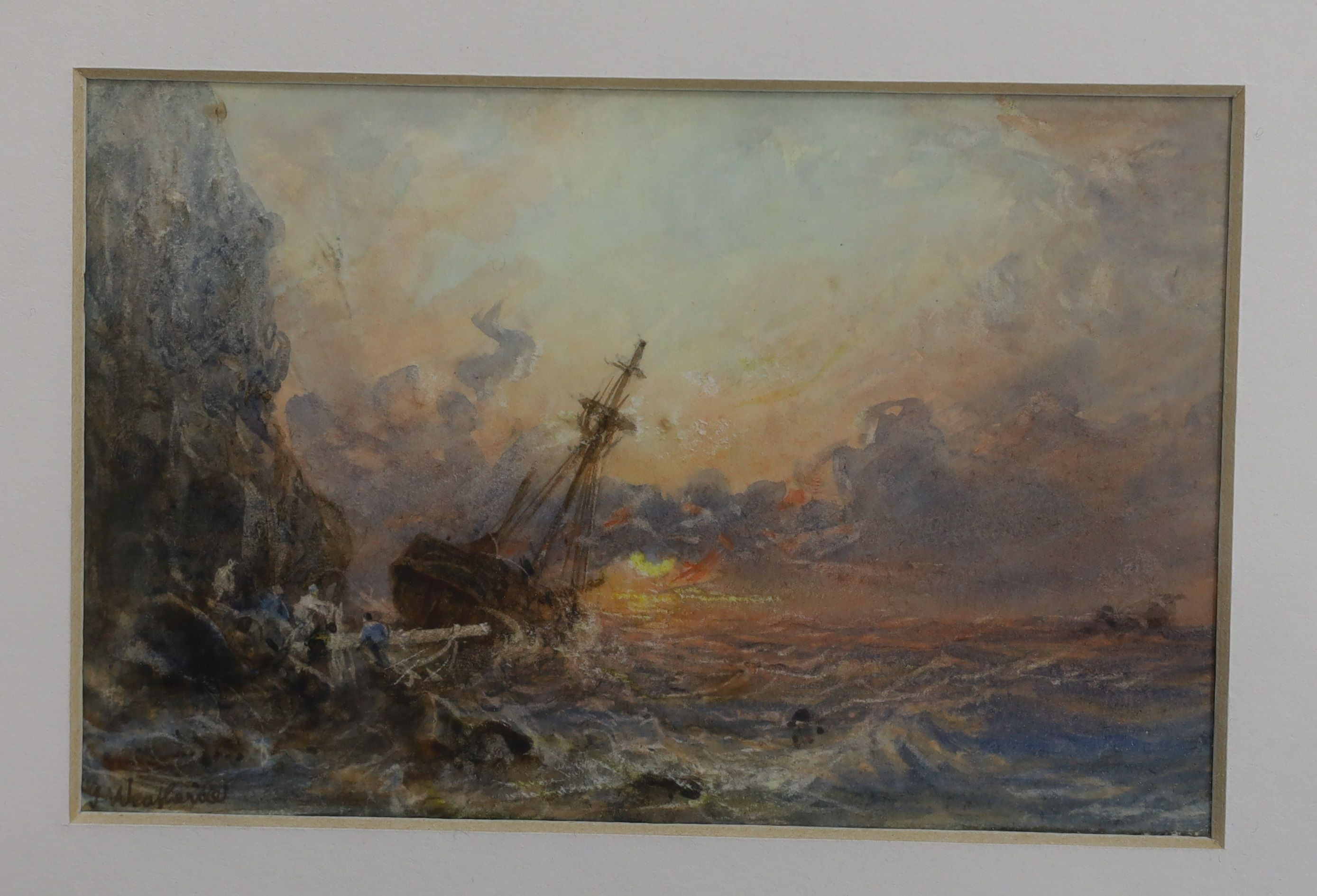 George Weatherill (1810-1890), Ship wrecking on the cliffs, watercolour, 8.5 x 13cm